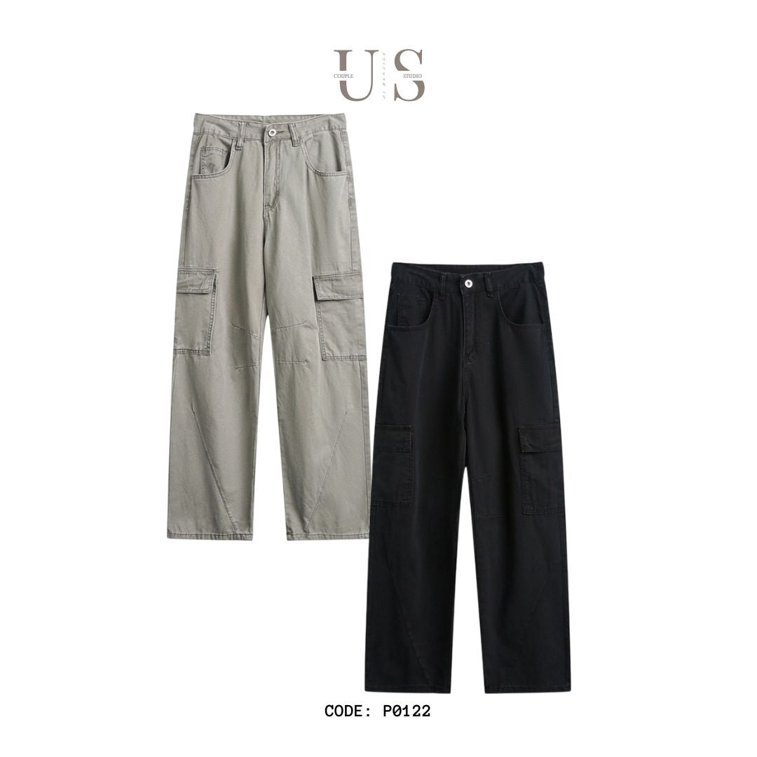 P0122 American retro cleanfit heavy-duty washed multi-pocket cargo trousers