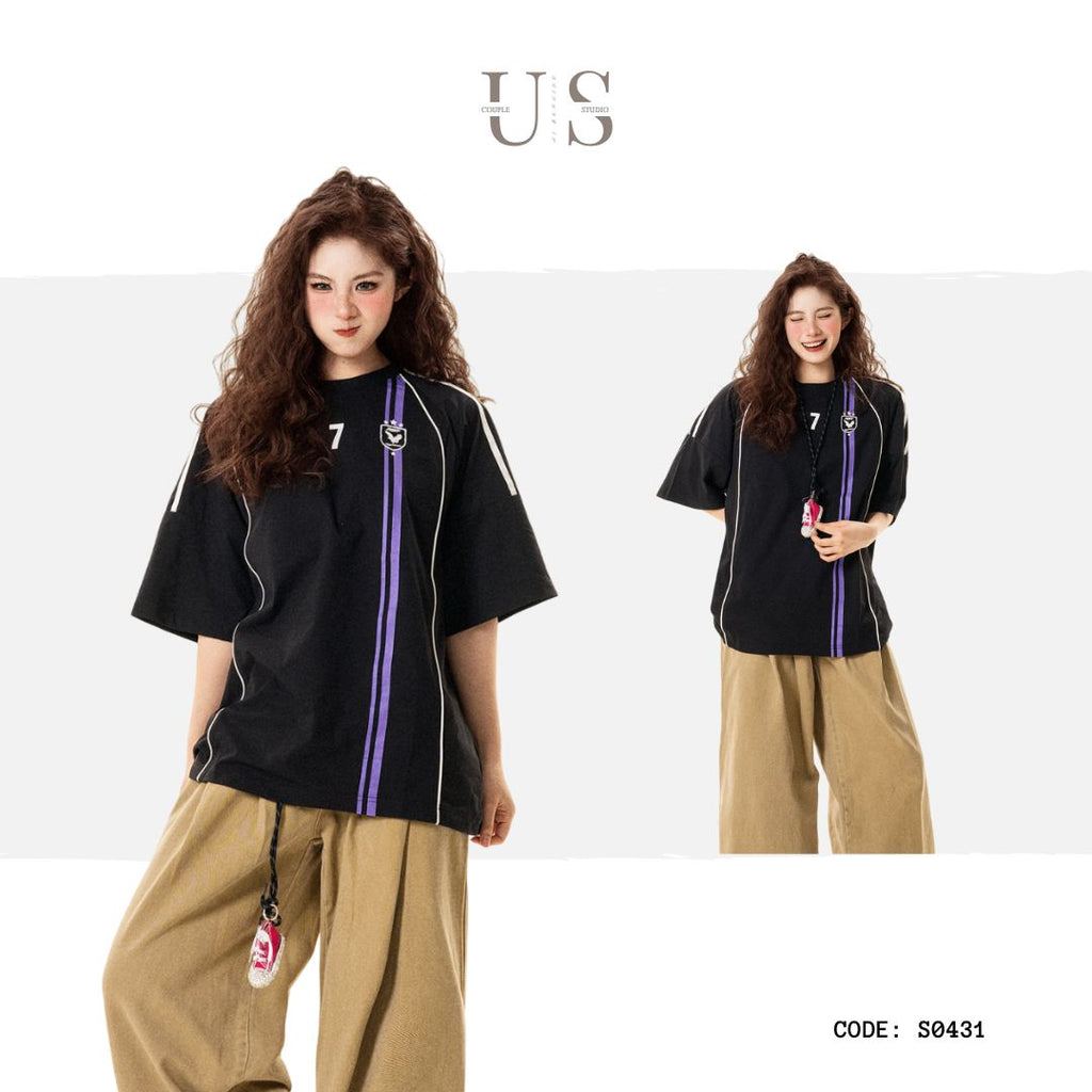 S0431 American retro letter print color-blocked short-sleeved T-shirt