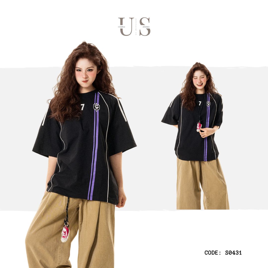 S0431 American retro letter print color-blocked short-sleeved T-shirt