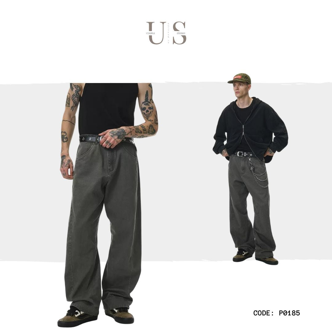 P0185 American-style washed 3D retro distressed curved trousers