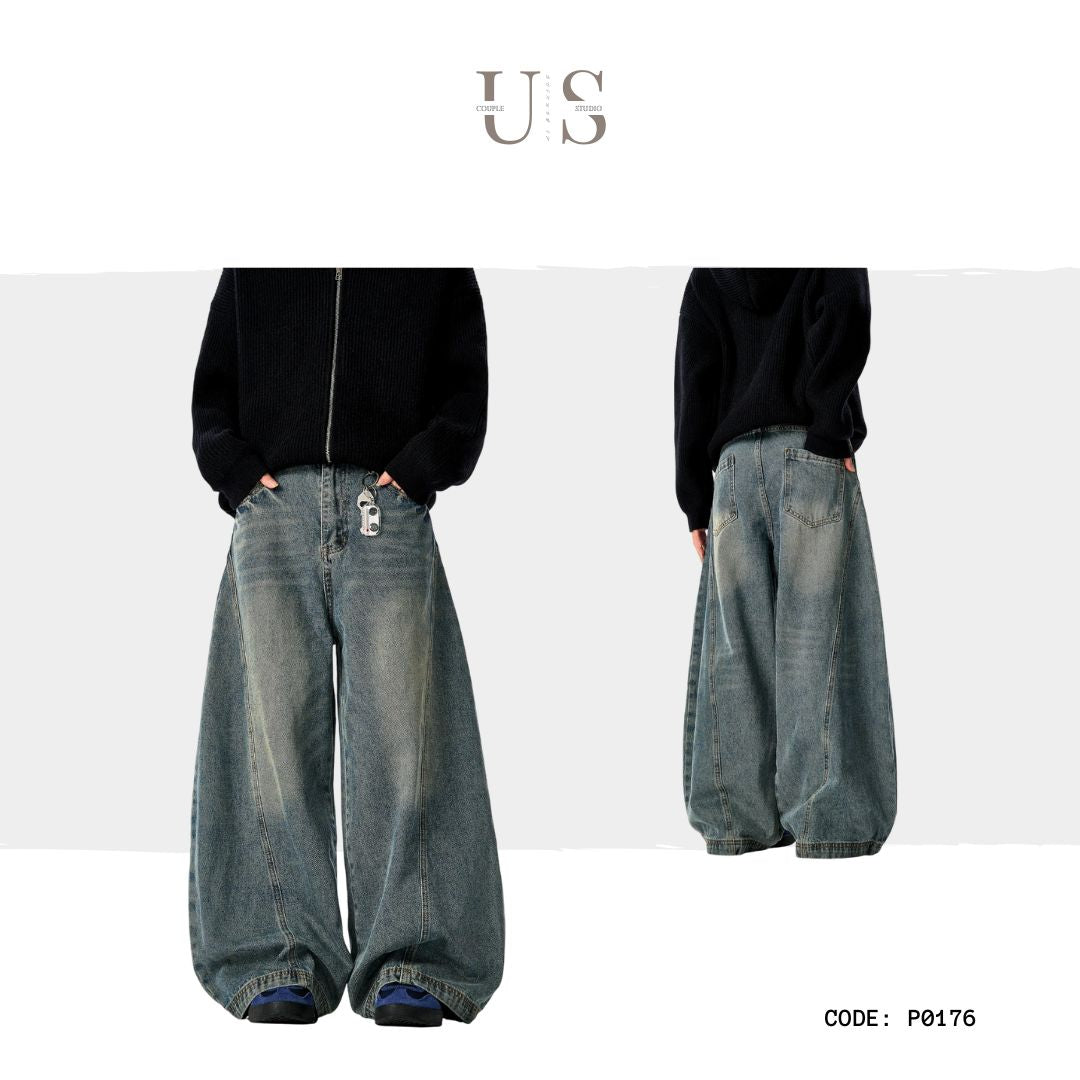 P0176 American retro washed distressed street style cool niche design scimitar loose wide-leg jean