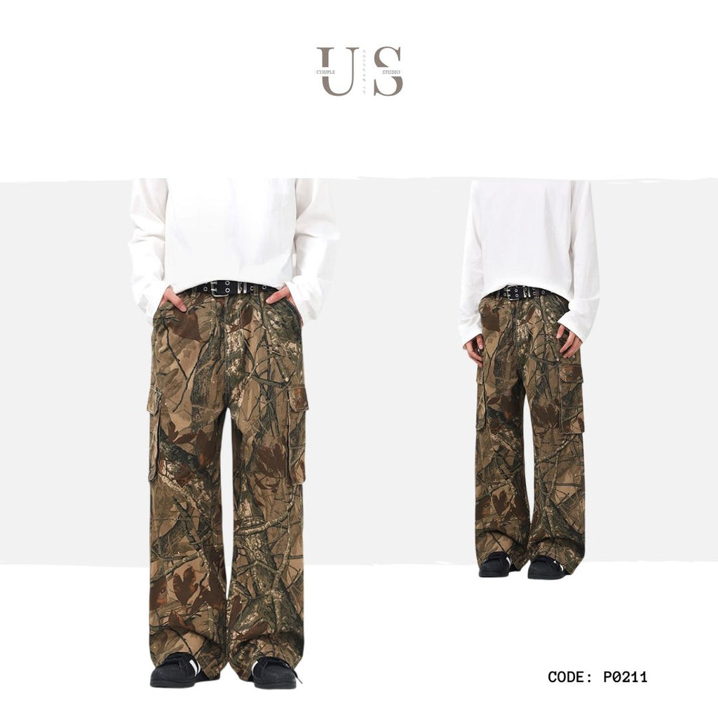 P0211 American retro loose-fitting tree branch camouflage cargo pants