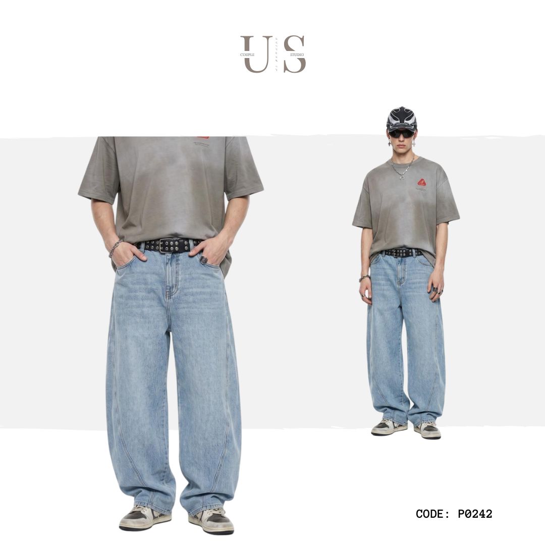 P0242 American Vintage-Style Washed Distressed Curved-Cut Whiskering Jeans