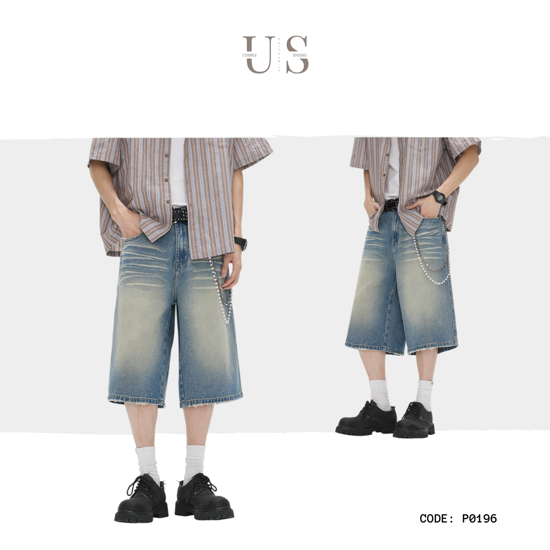 P0196 American retro washed frayed cropped cleanfit jeans