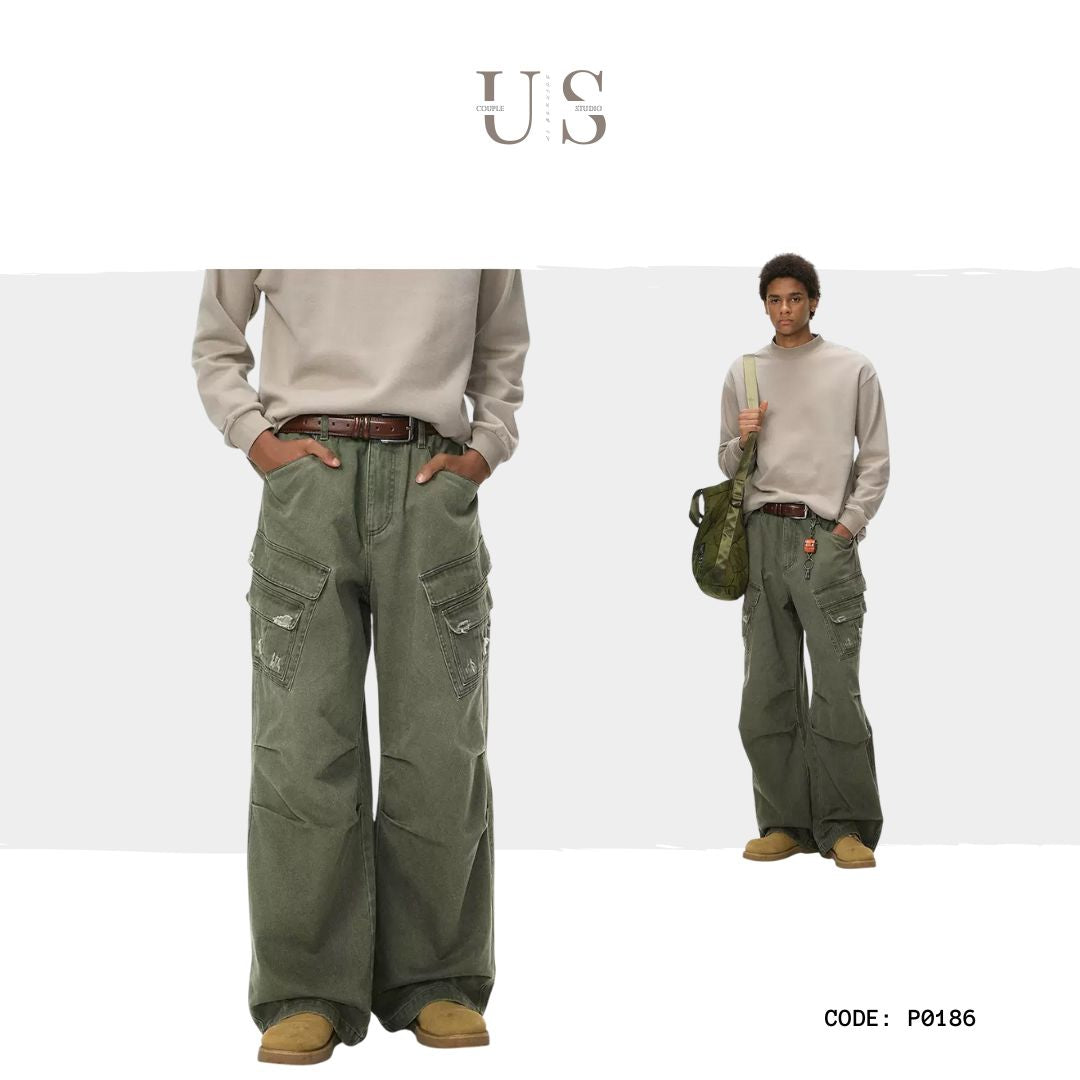 P0186 American street style washed distressed multi-pocket cargo pants