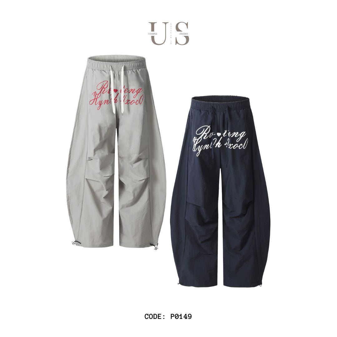 P0149 American Letter Printed Pleated Loose Leg Scimitar Cargo Pants