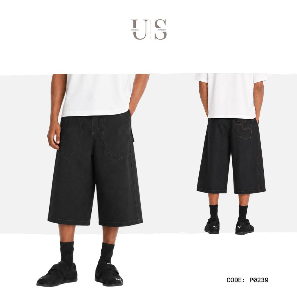 P0239 American Vintage-Style Contrast Stitching and Panel Detailing Raw Denim Cropped Pants
