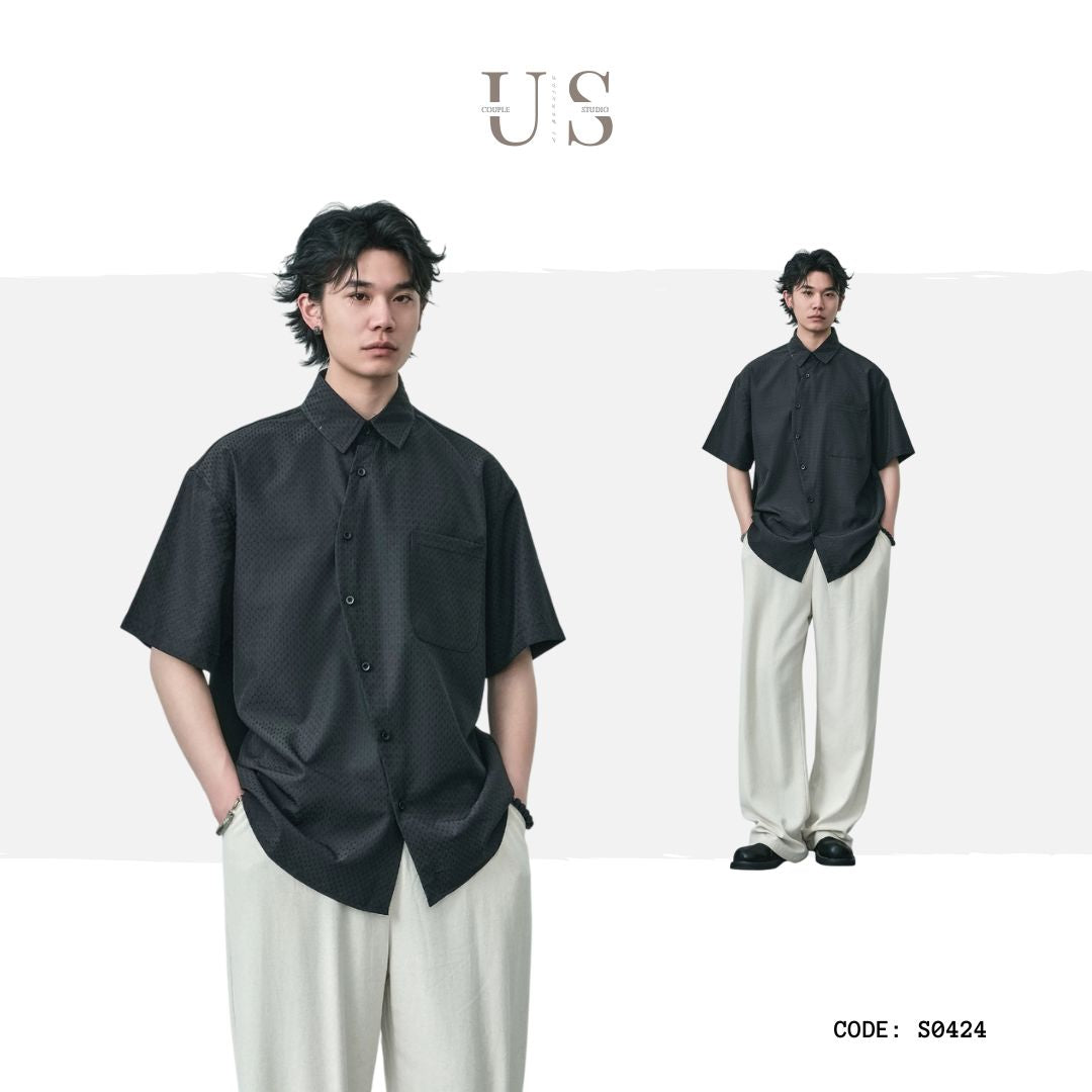 S0424 Japanese style slanted placket oversize short sleeved shirt