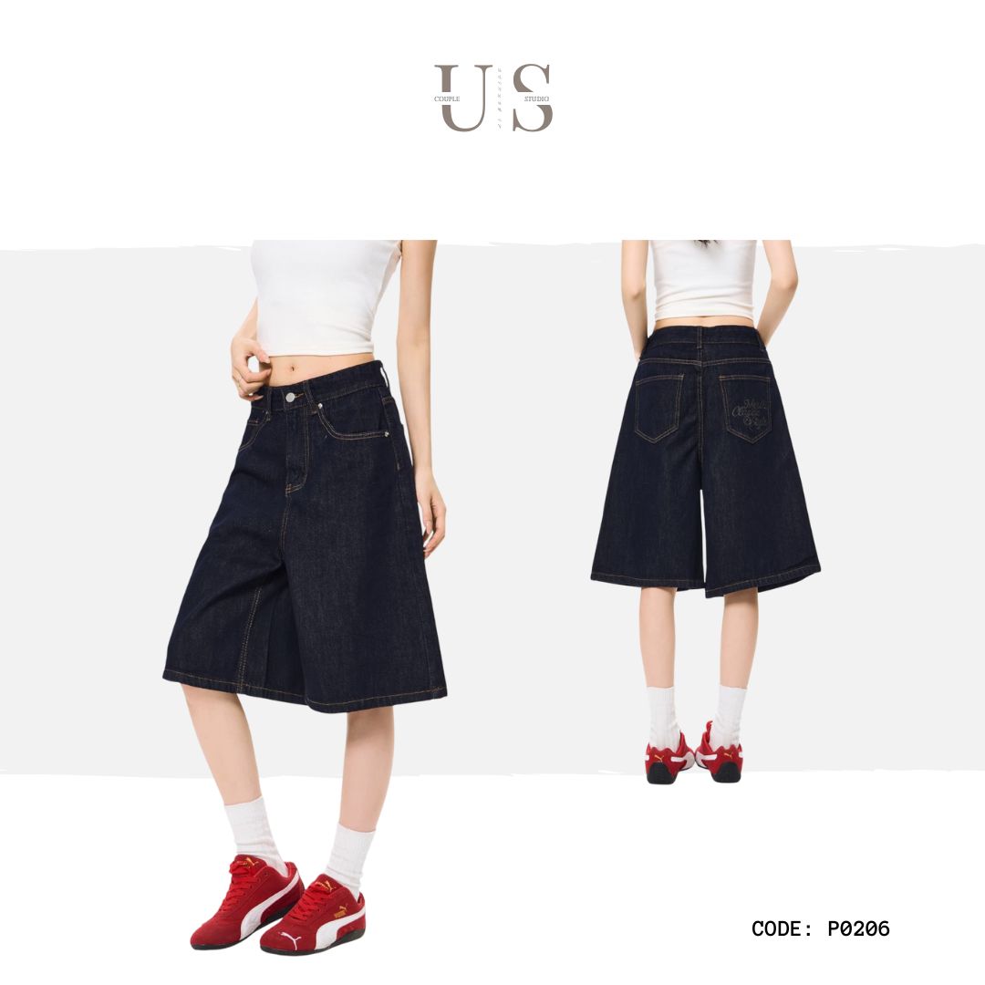 P0206 American retro washed distressed straight-leg cleanfit wide-leg denim shorts