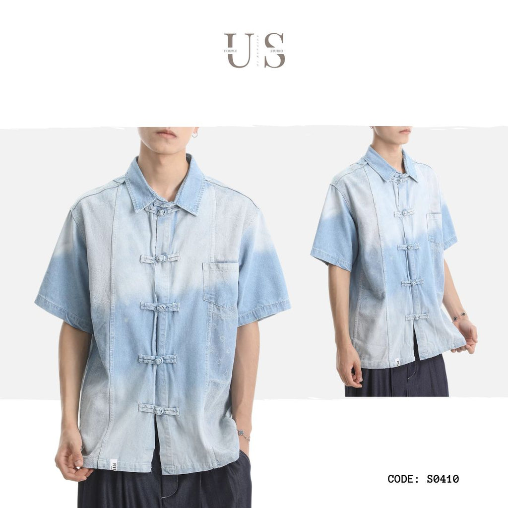 S0410 New Chinese Style Button-Up Denim Short-Sleeve Shirt