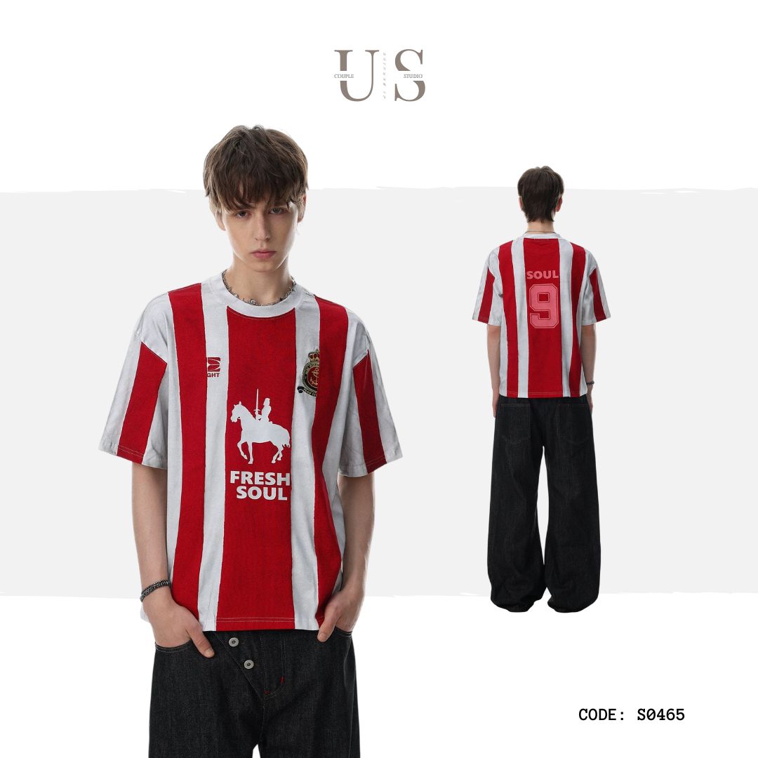 S0465 American striped equestrian print soccer jersey style short-sleeved T-shirt
