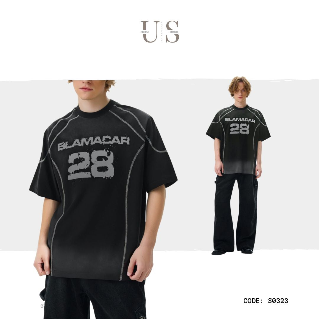 S0323 American retro spray paint reverse cut design short sleeve men's trendy couple loose letter lazy style half sleeve t-shirt