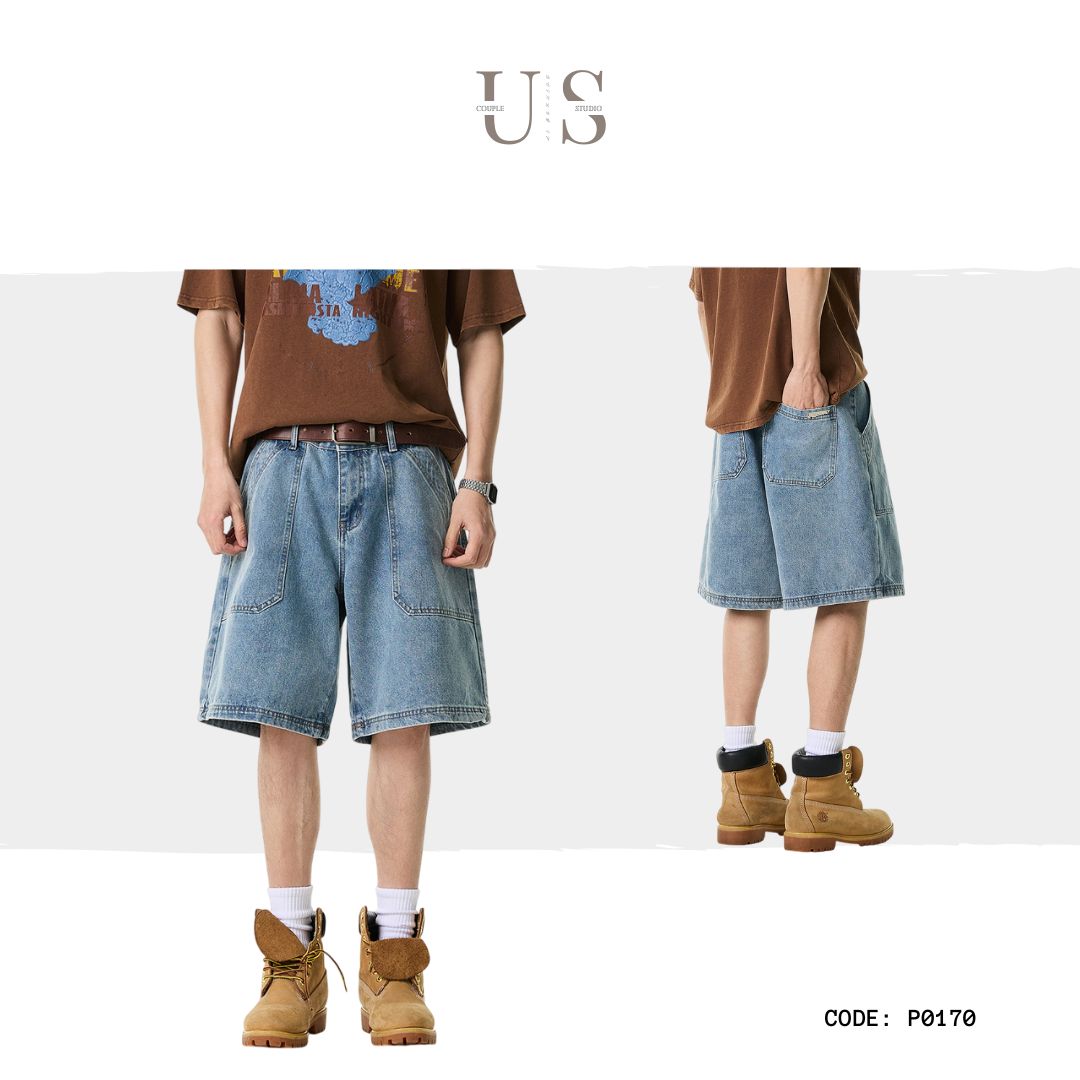 P0171 American Style Fashion Brand Retro Loose Ice Blue Denim Shorts