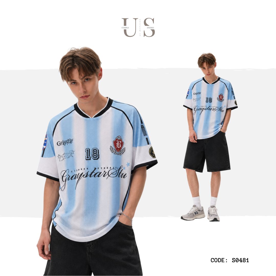 S0481 American-Style Vintage Letter Print Color-Block V-Neck Short-Sleeve T-Shirt Jersey