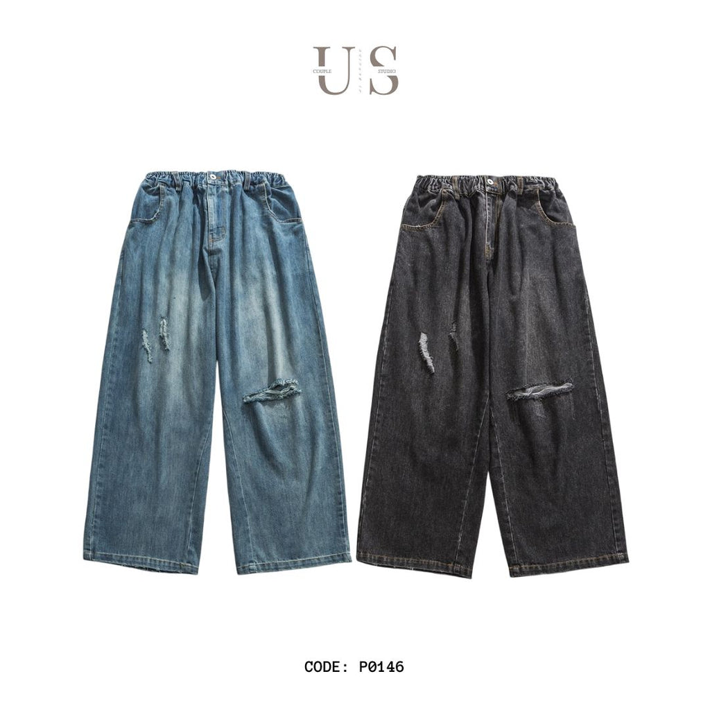 P0146 America style retro washed old knife cut hole jeans men's loose straight pants