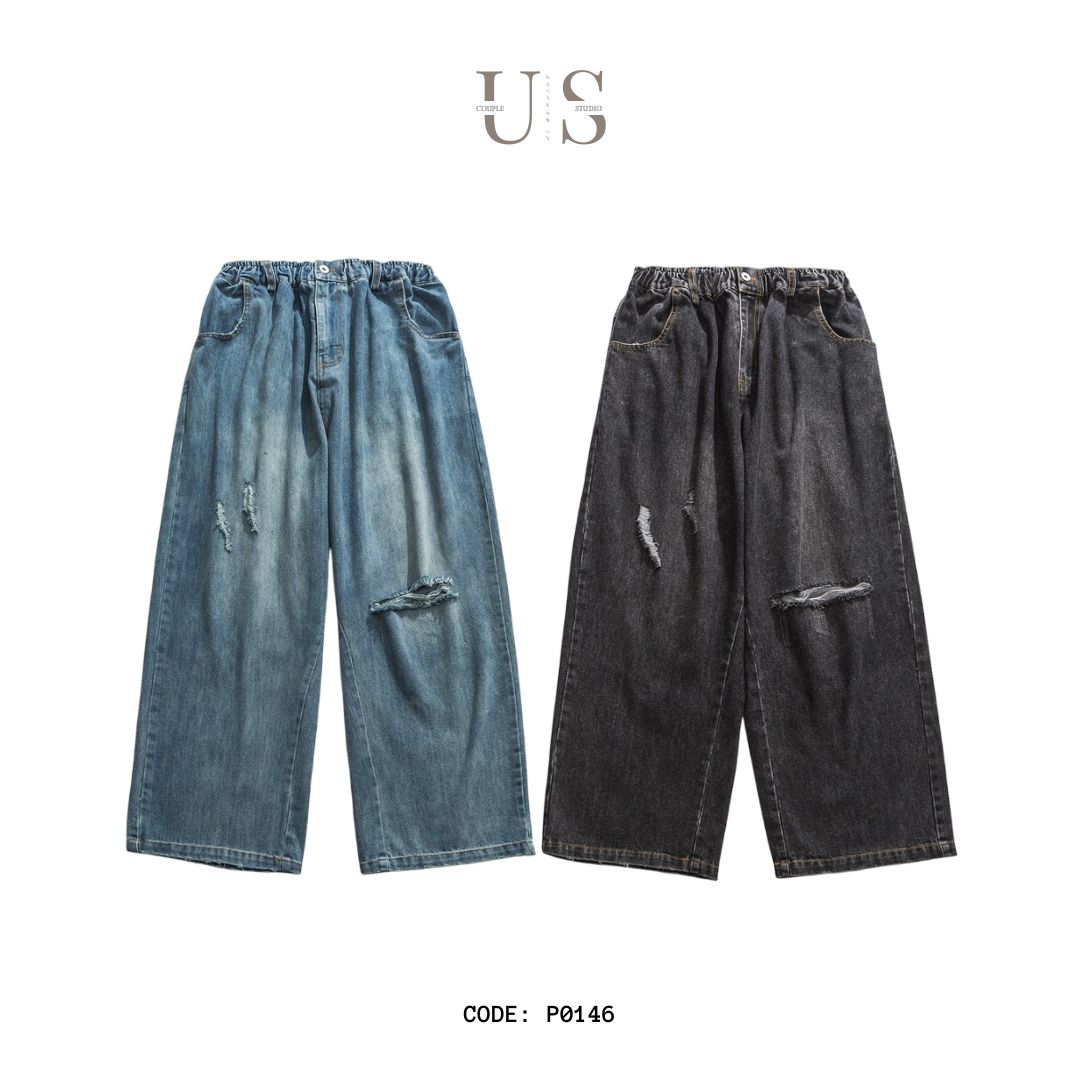 P0146 America style retro washed old knife cut hole jeans men's loose straight pants