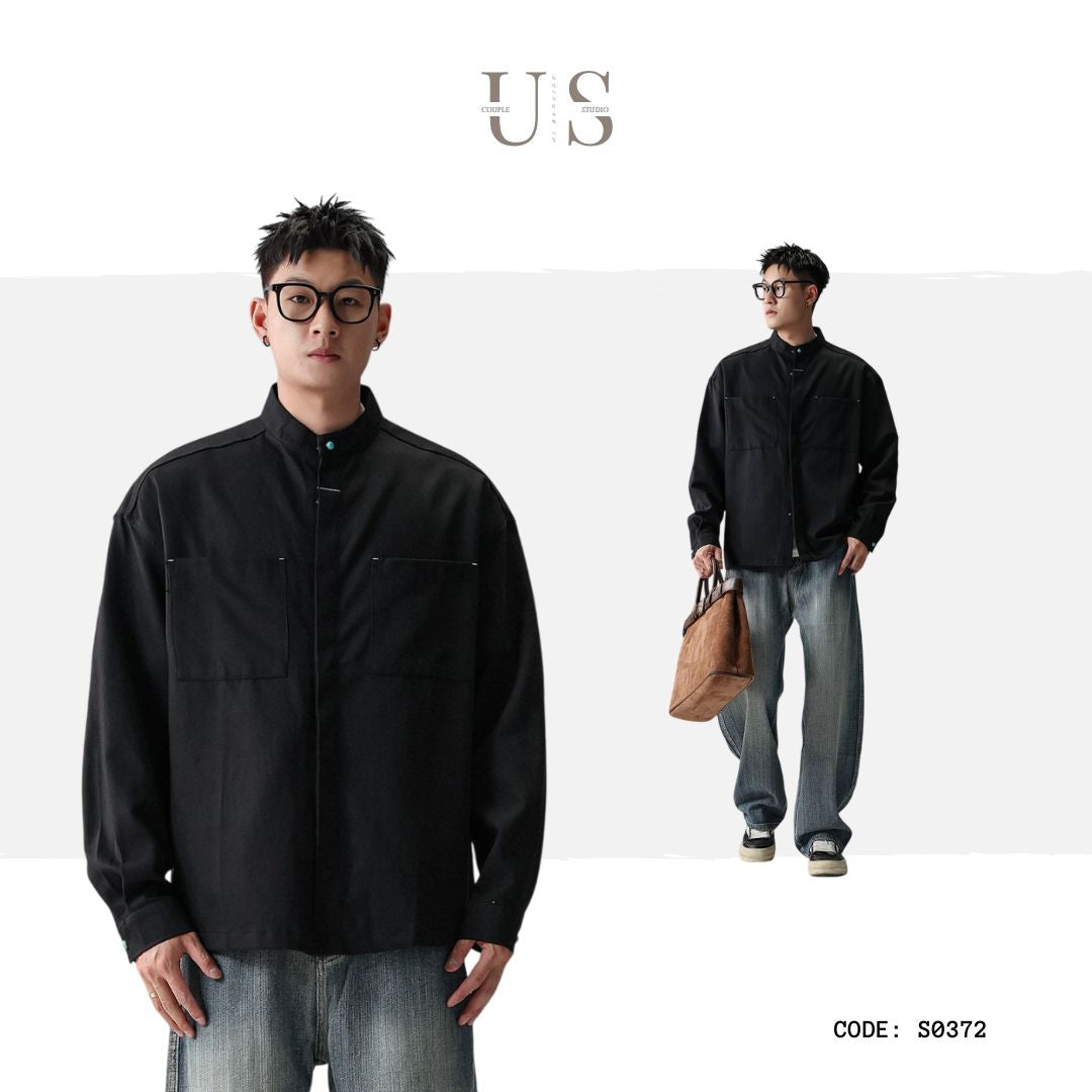S0372 American Cargo Stand Collar Long Sleeve Shirt Available: Black | Beige | Brown
