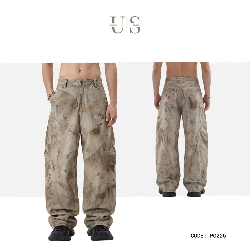 P0226 American High Street Trendy Retro Curved Denim Texture oversize Wide-Leg Cargo Pants