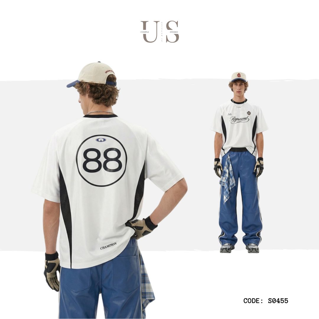 S0455 American-style color-blocked retro sports jersey T-shirt