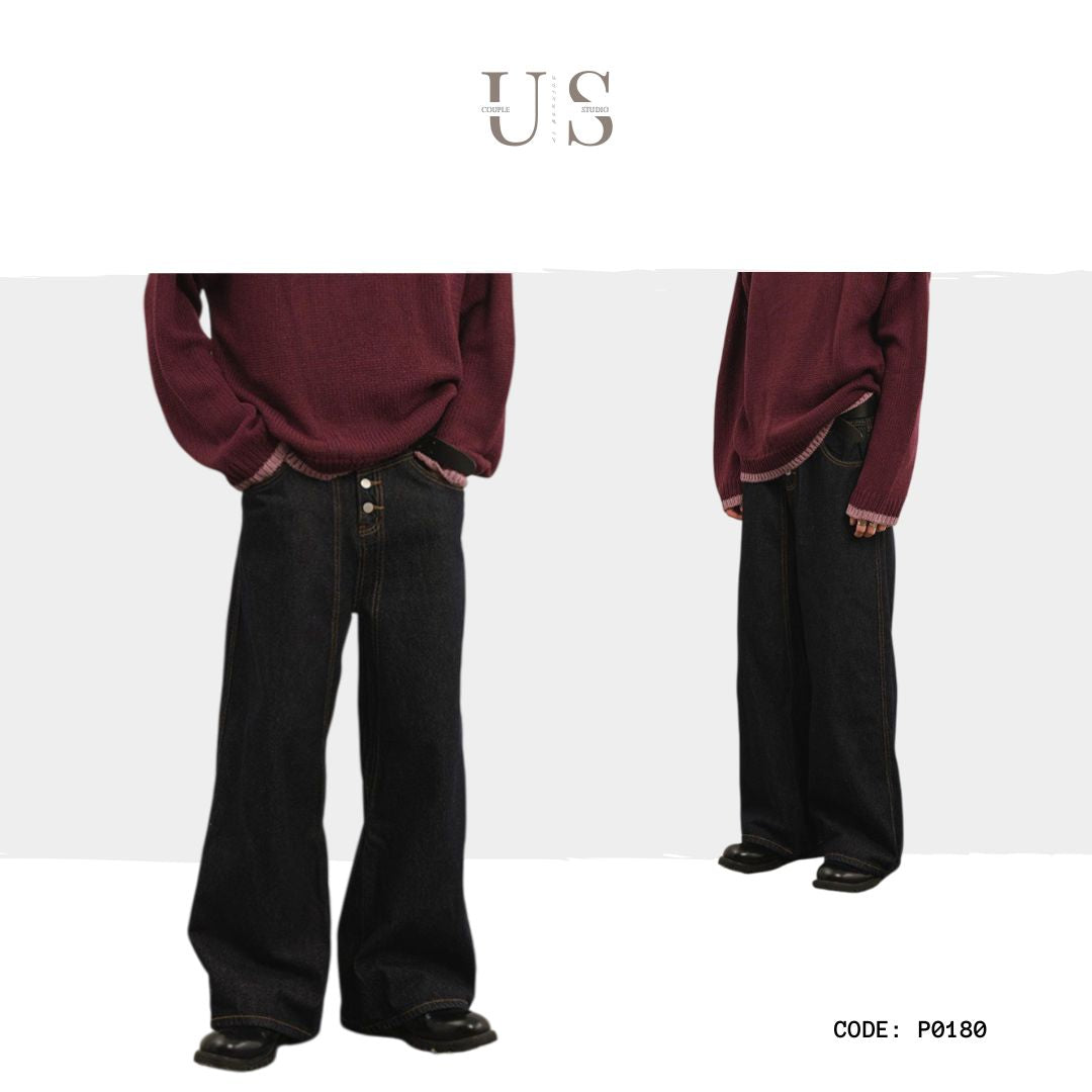 P0180 American retro button-down straight wide-leg black jeans