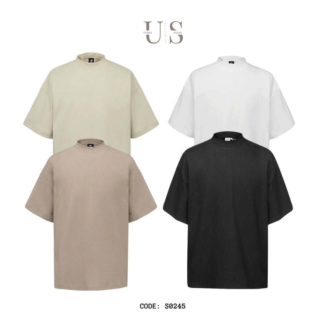 S0245 300G Korean Style Turtleneck Pure Cotton Loose Solid Color T-Shirt