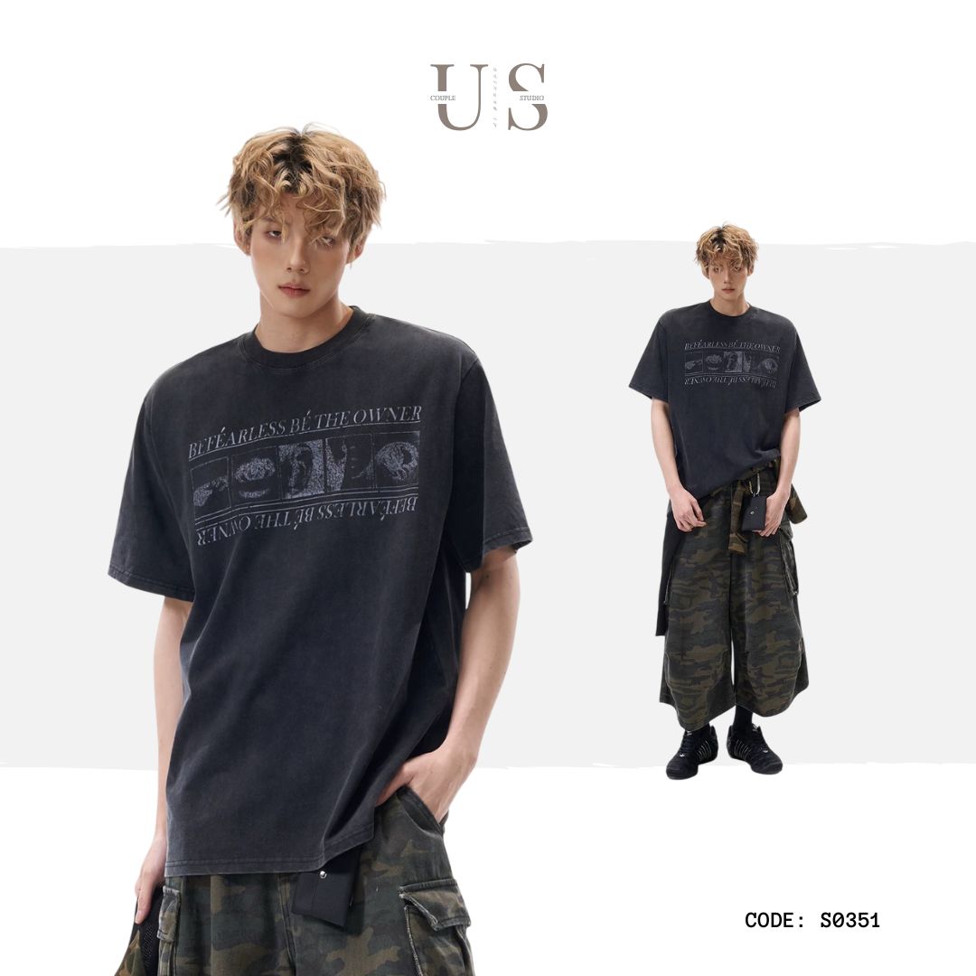 S0351 American Street Vintage Washed Old Design Loose High-end Sense Neutral Short-sleeved T-shirt