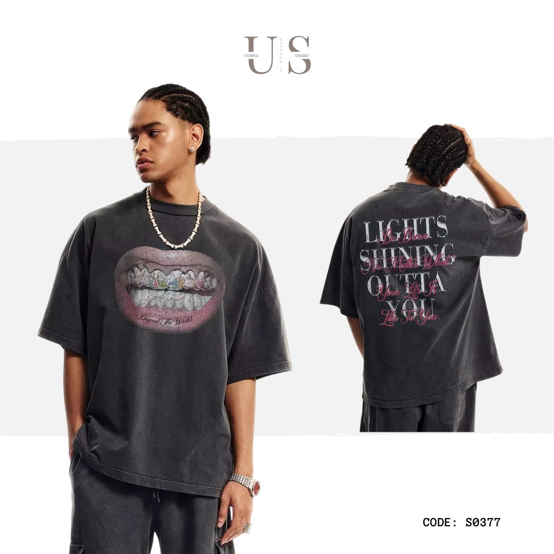 S0377 American style 310G heavyweight pure cotton loose loose trendy distressed print washed grey T-shirt