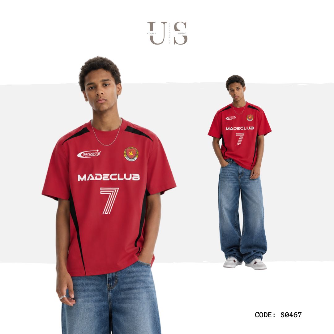 S0467 American street style color-blocked patchwork number and letter badge print crew neck short-sleeved T-shirt