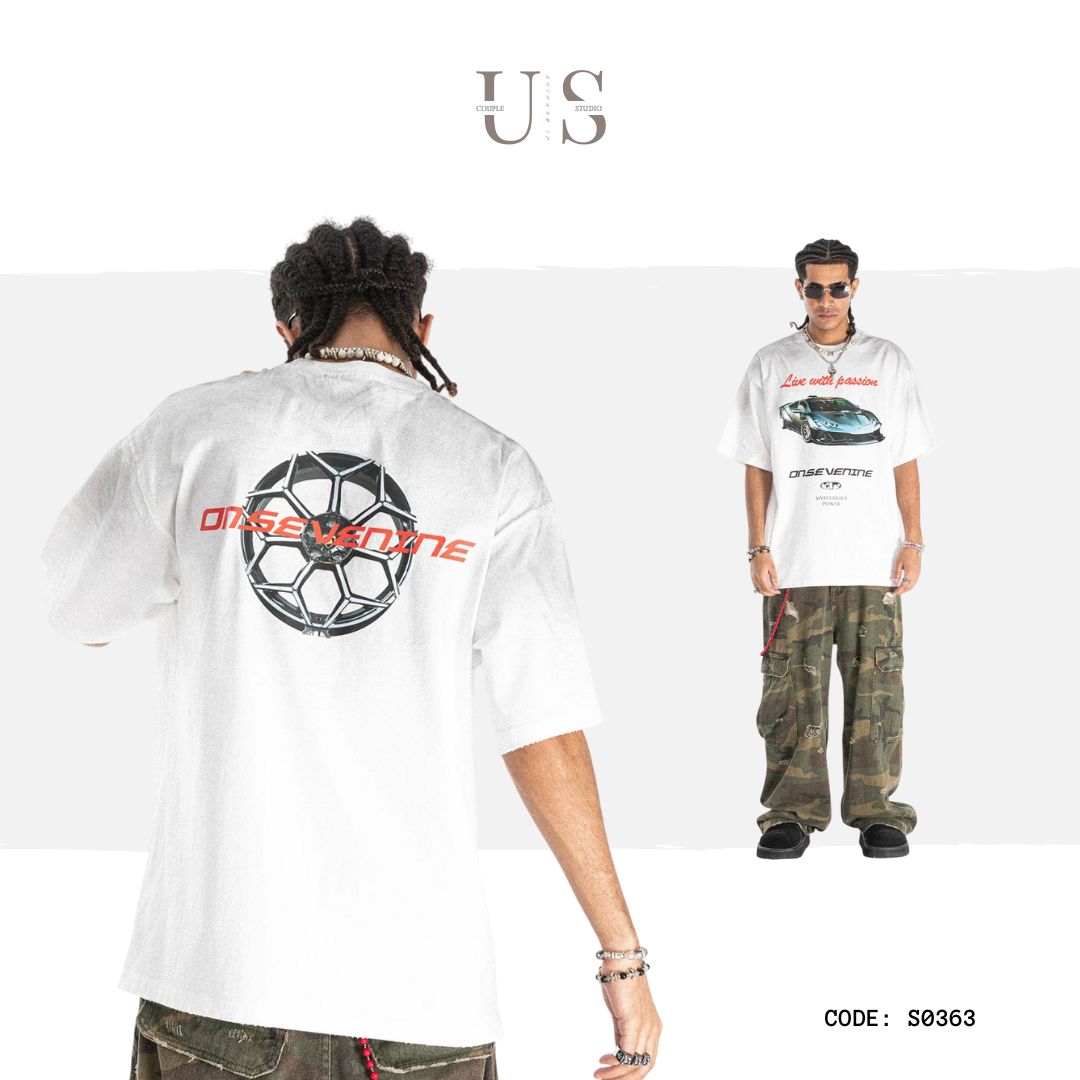 S0363 American Fashion Brand Lamborghini Racing Print Heavy-Duty Distressed Washed T-Shirt