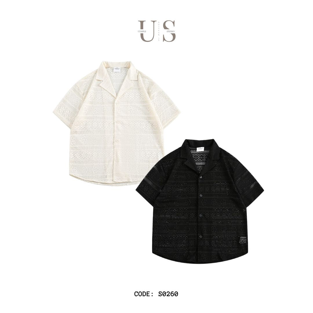 S0260 America old money style loose hollow breathable short-sleeved shirt