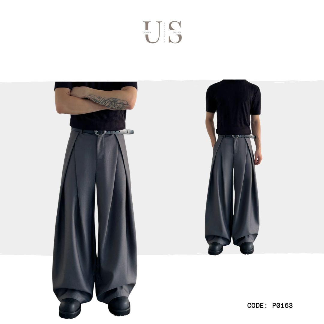 P0163 American Retro Unisex Trendy Pleated Deconstructed Design Men's Loose Fit Casual Trousers
