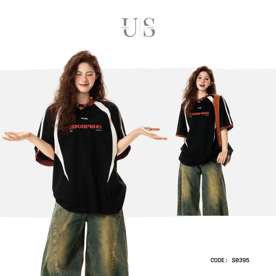 S0395 American retro letter print color-blocked short-sleeved T-shirt