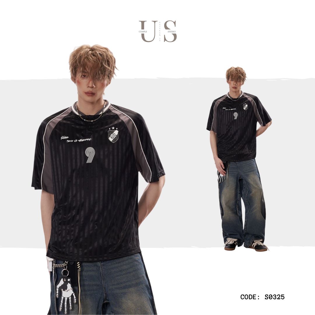 S0325 American trendy high street jersey style V-neck short-sleeved T-shirt