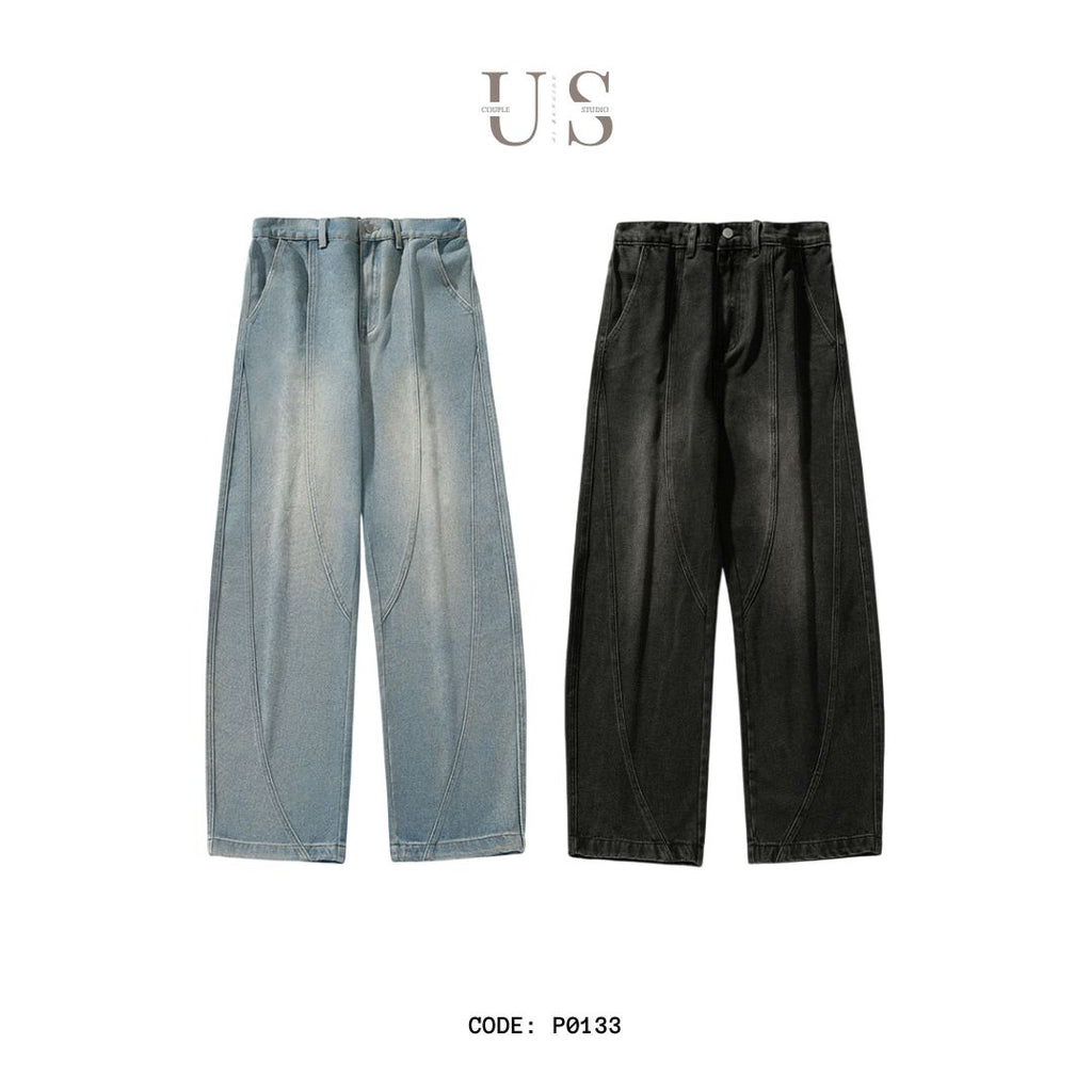 P0133 American retro washed split structure design scimitar loose denim trousers