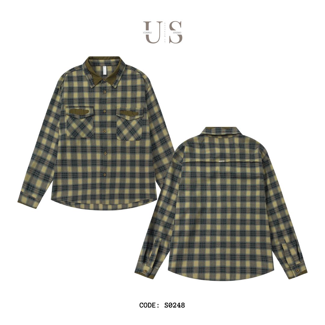 S0248 American trendy casual retro patchwork plaid long-sleeved shirt