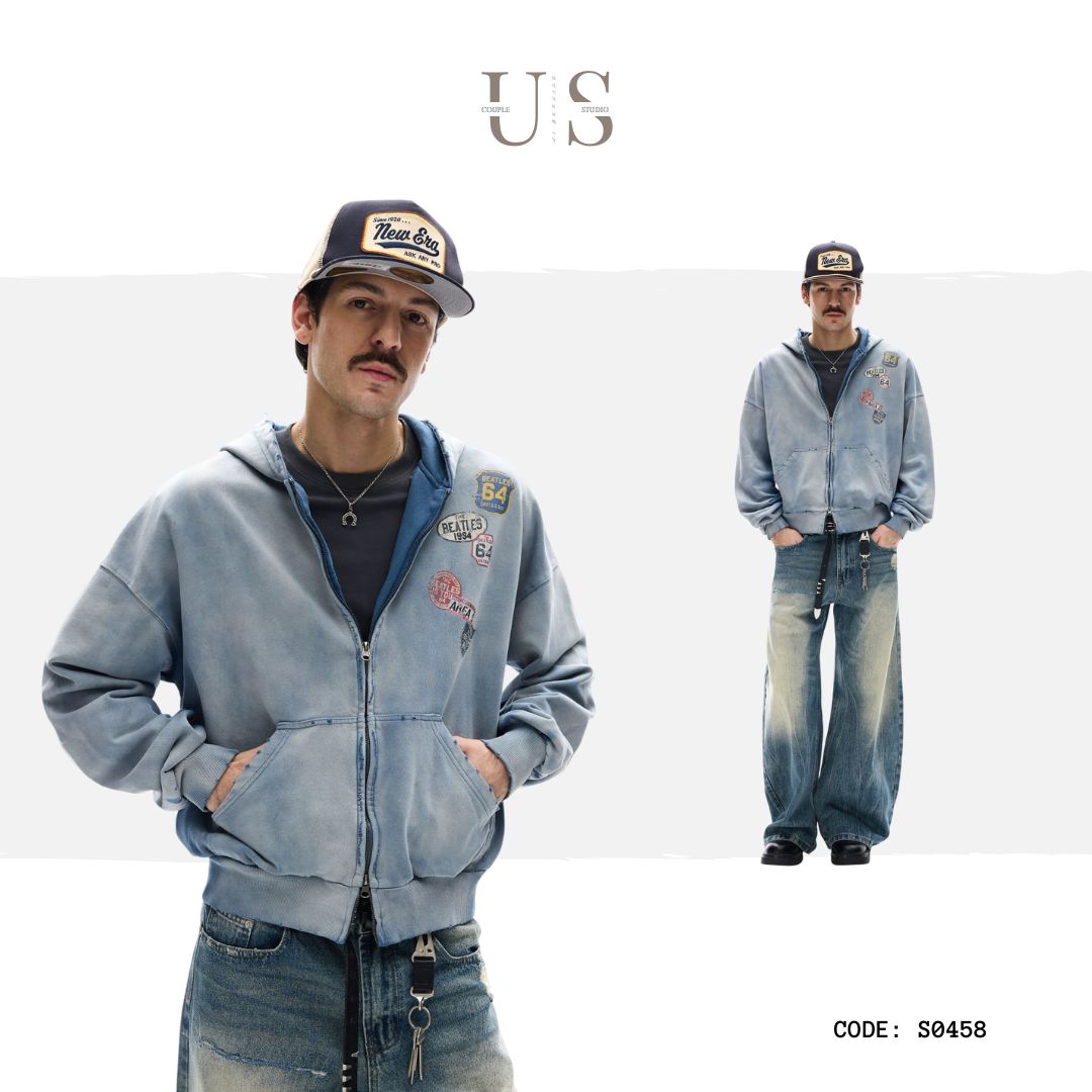 S0458 American Style Trendy Washed Distressed Print Design Short Wide Fit Men's Hooded Sweatshirt Jacket