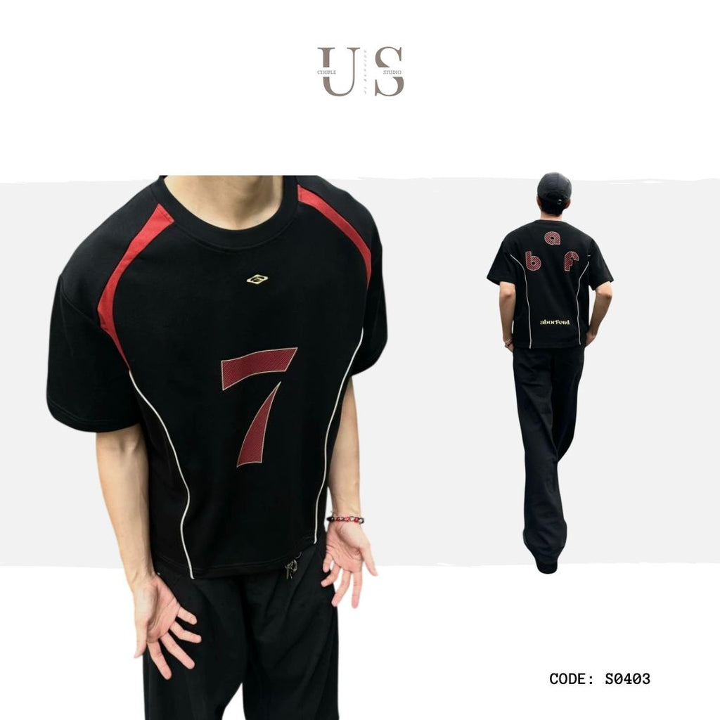 S0403 American retro letter print color-blocked short-sleeved T-shirt