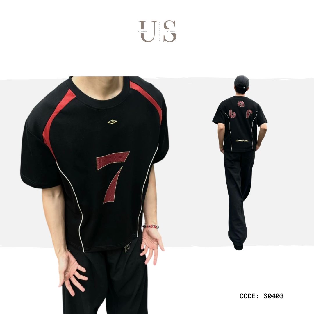 S0403 American retro letter print color-blocked short-sleeved T-shirt