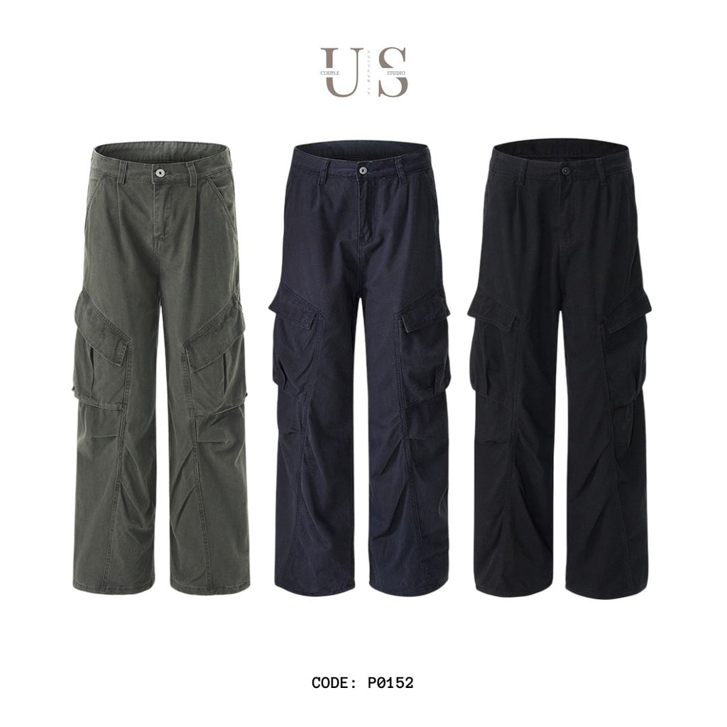 P0152 America Style Retro Washed Multi-Pocket Wide-Leg Casual Cargo Pants