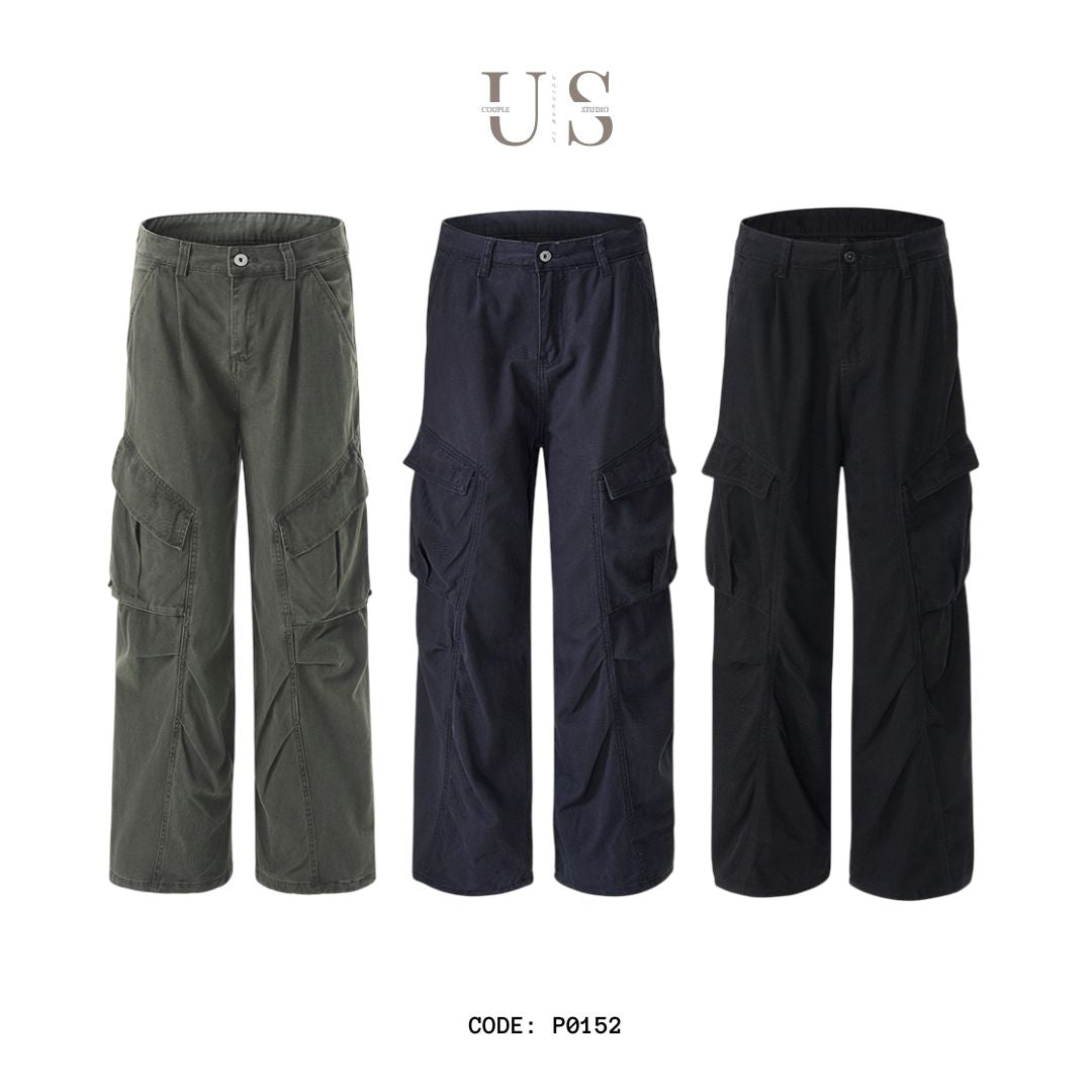 P0152 America Style Retro Washed Multi-Pocket Wide-Leg Casual Cargo Pants