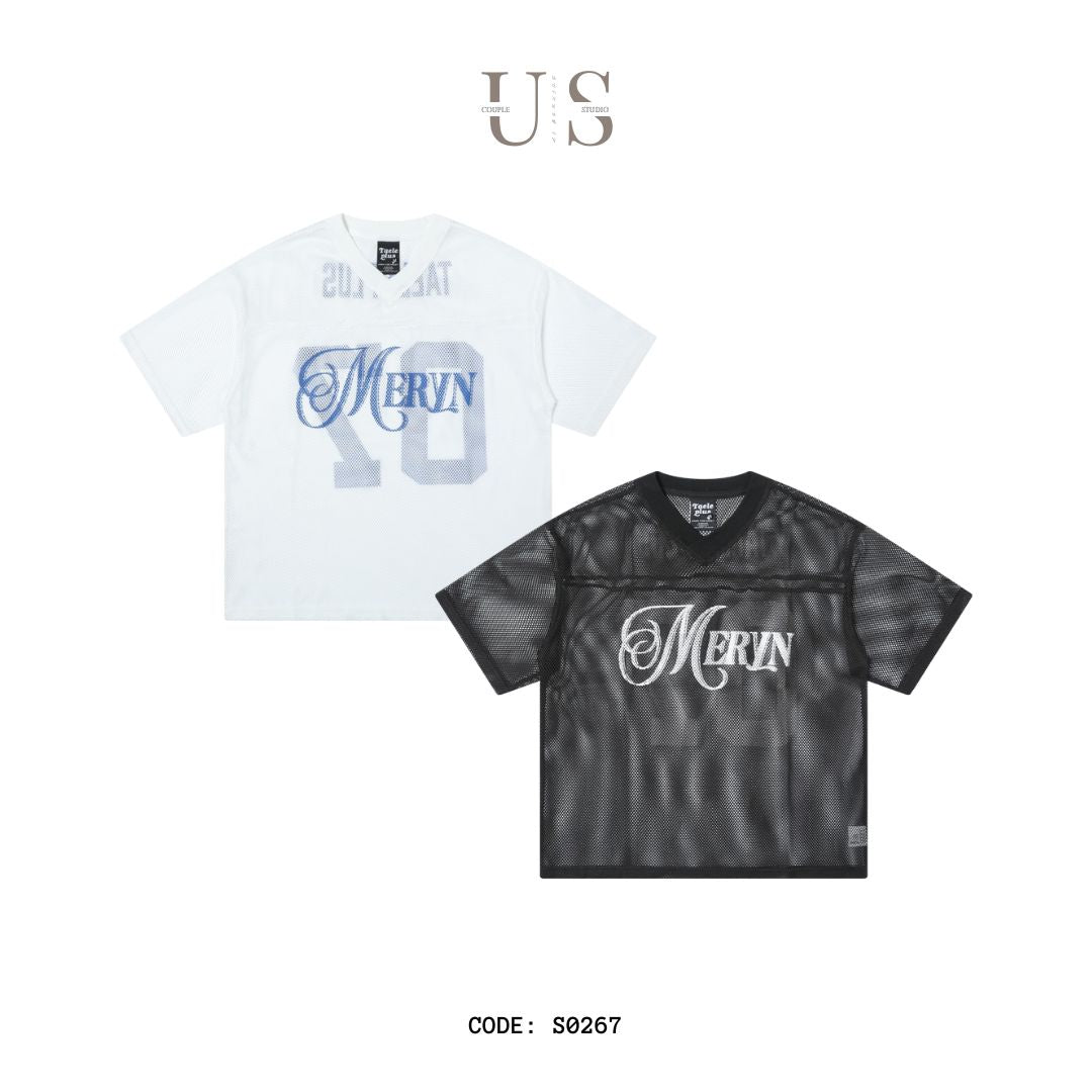S0267 American retro mesh print jersey V-neck short-sleeved T-shirt