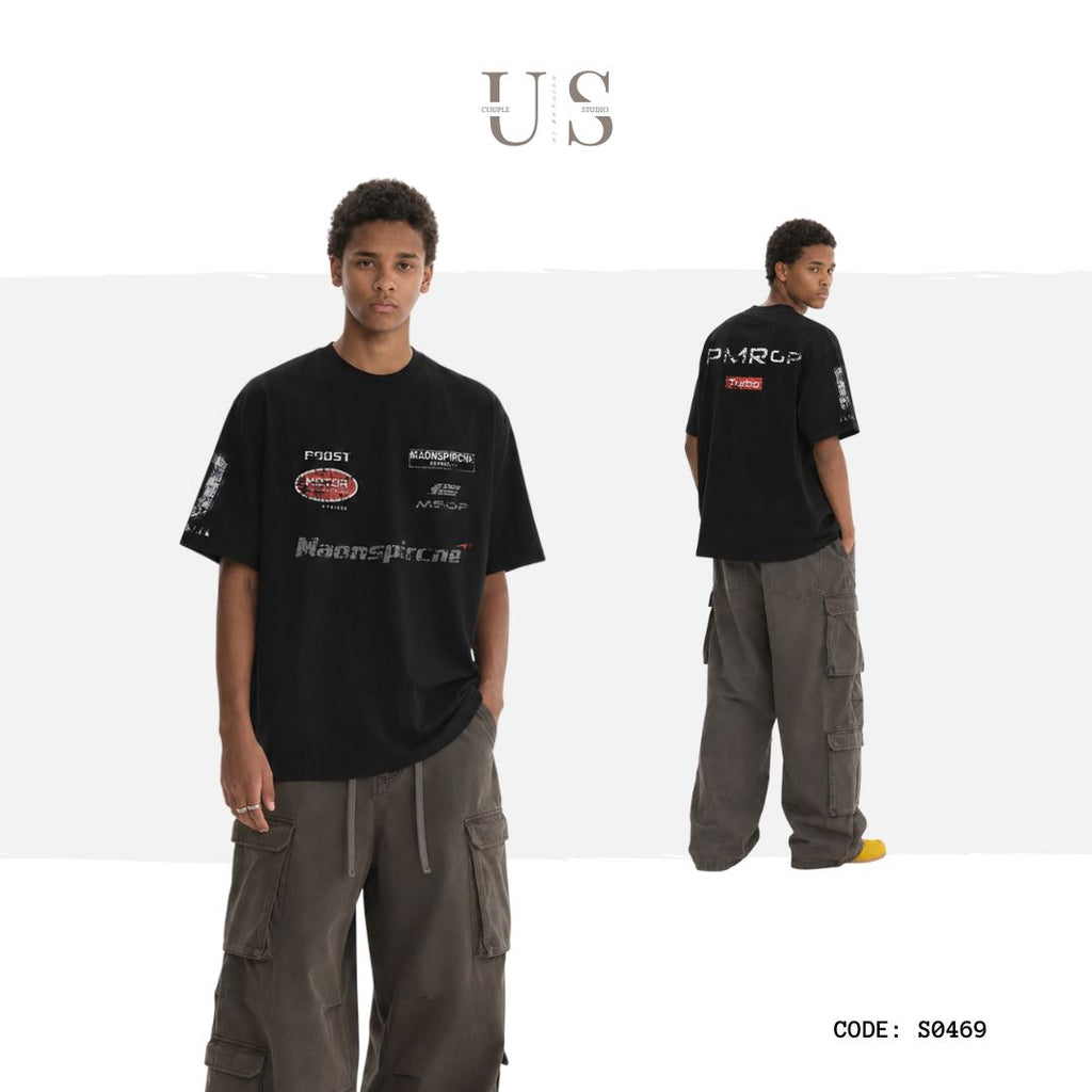 S0469 American retro trendy brand letter print racing driver loose-fitting versatile short-sleeved T-shirt
