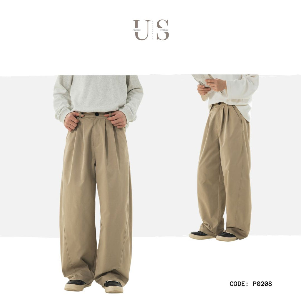 P0208 AAmerican-style segmented pleated textured loose straight-leg trousers