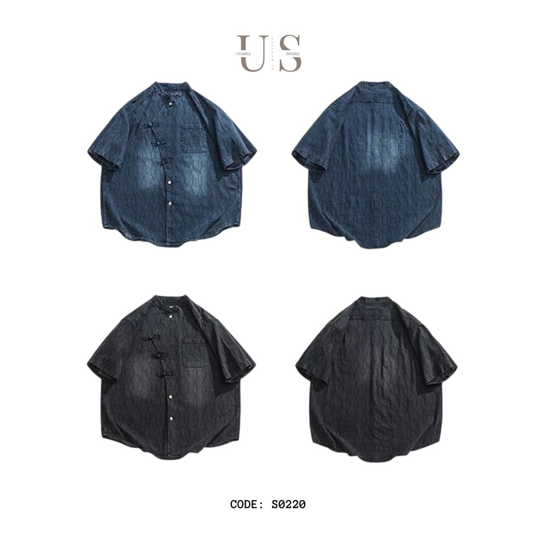 S0220 New Chinese style cloth diagonal button retro disc button stand collar loose denim short-sleeved shirt