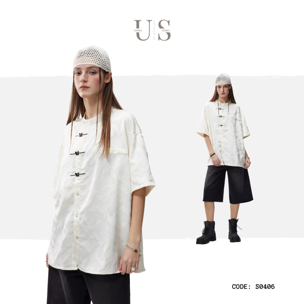 S0406 New Chinese style niche butterfly design loose short-sleeved stand-collar shirt