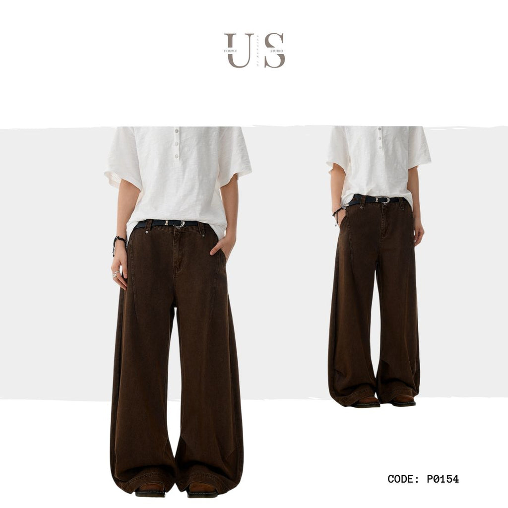 P0154 America Style Vintage high-waist Maillard loose straight banana mopping pants