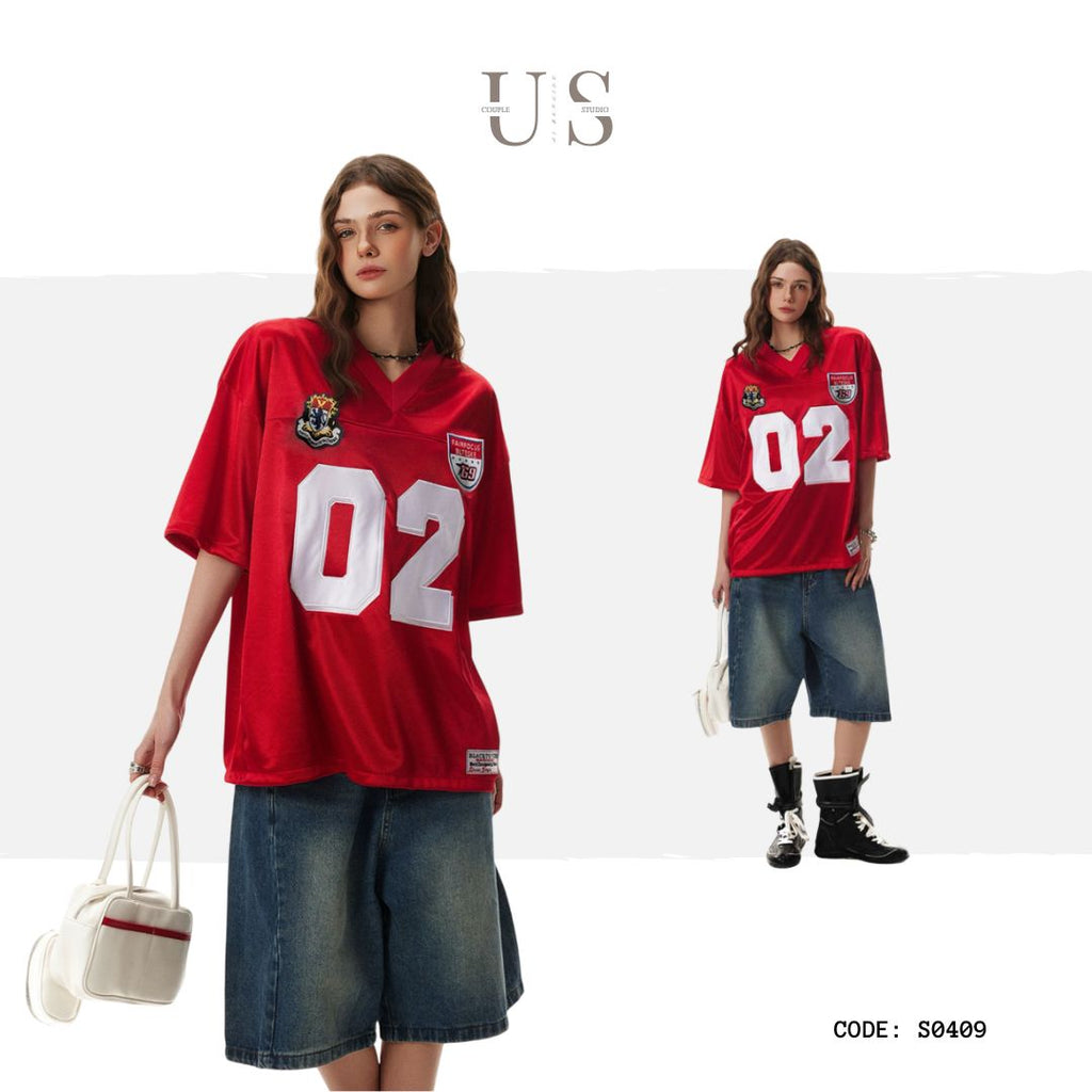 S0409 American Style No. 02 Embroidered Loose V-Neck Jersey T-Shirt