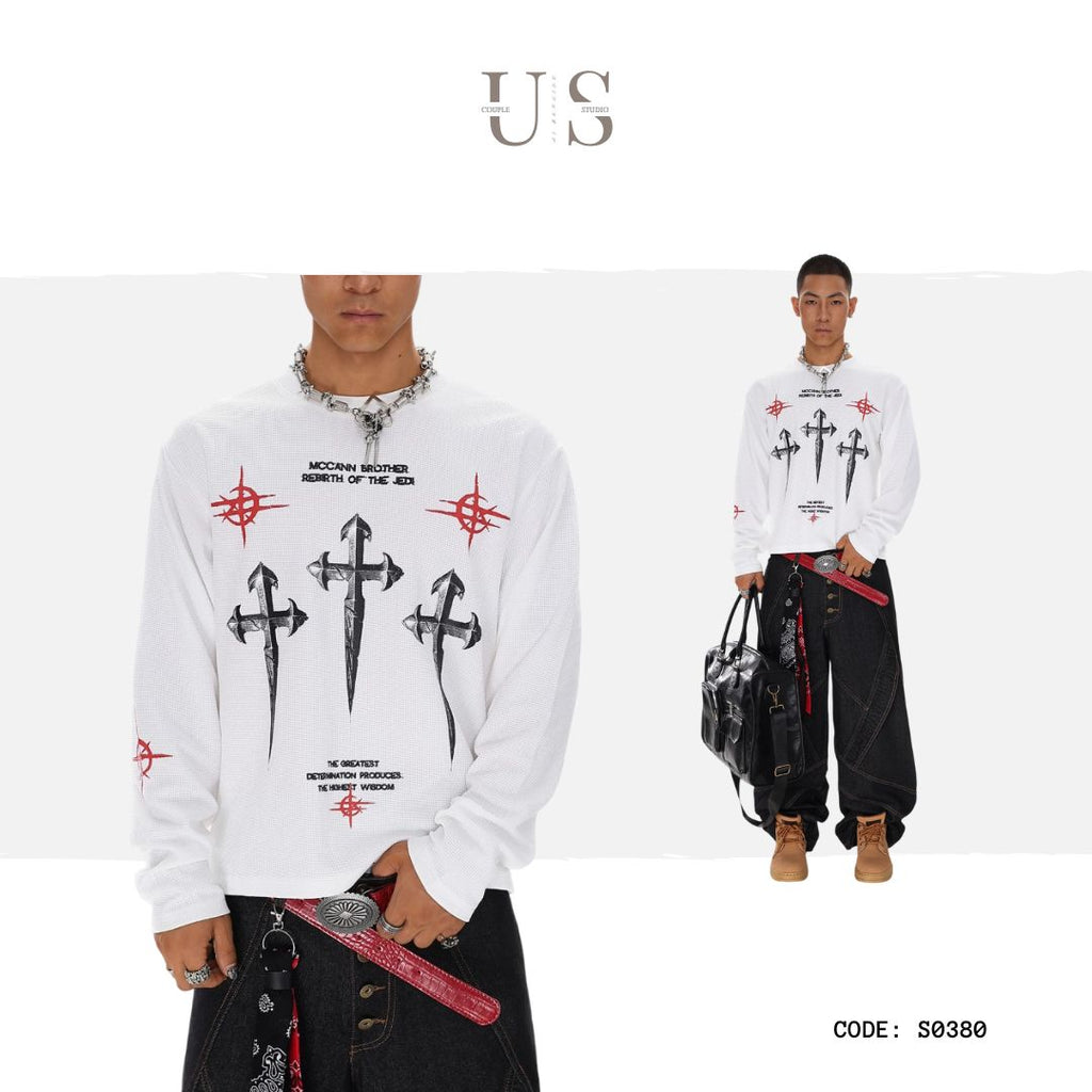 S0380 American Street Hip Hop Trendy Brand Cultural Shirt Dark Cross T-Shirt Long Sleeve