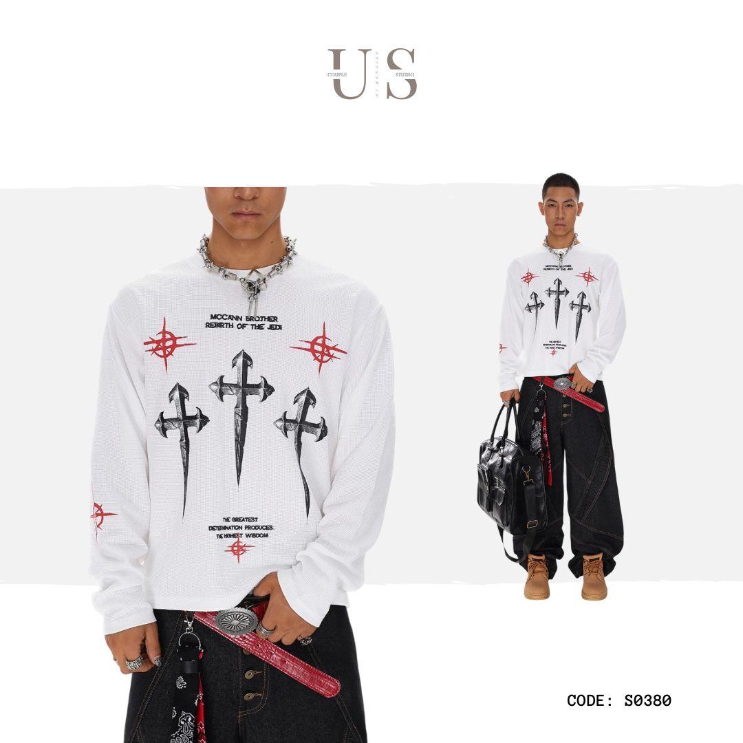 S0380 American Street Hip Hop Trendy Brand Cultural Shirt Dark Cross T-Shirt Long Sleeve