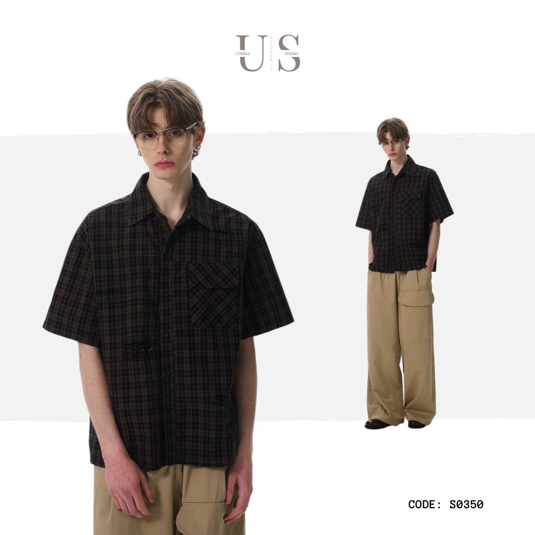 S0350 American Retro Turn-Down Collar Plaid Ripped Trendy Brand Loose Versatile Shirt